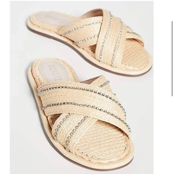 Schutz Crystal Embellished Raffia Sandals - Picture 1 of 4